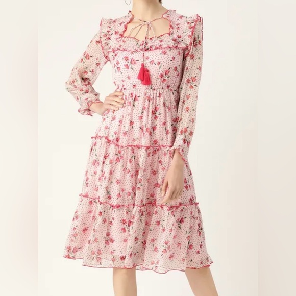 Anthropologie Dresses & Skirts - Antheaa Pink Floral Swiss Dot Midi Dress Ruffle Trim Tassel Tie Cottagecore XL